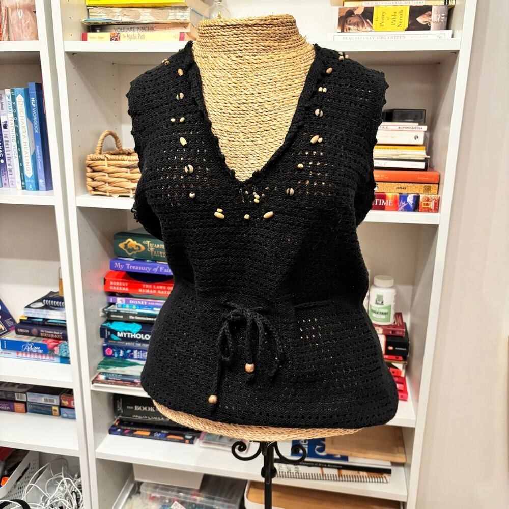 Y2K Beaded Black Crochet‎ Tank – Express Medium Festival Fairycore Top - Picture 5 of 6